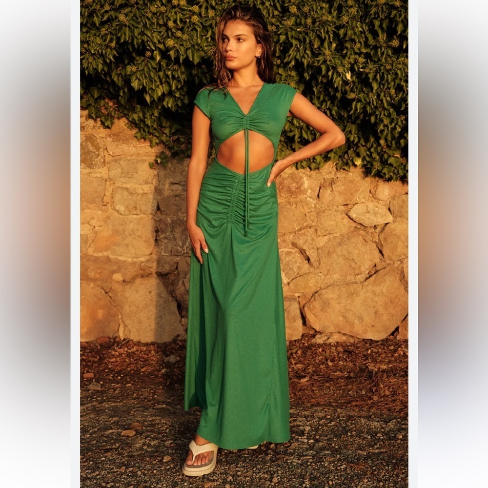 Agua Bendita Ailana Dress Green Maxi Size Medium Cut-Out Midriff NEW $250